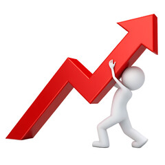 White figure pushing red upward trending arrow isolated on transparent background