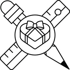 A black and white drawing of a heart with a bow and a pencil and ruler