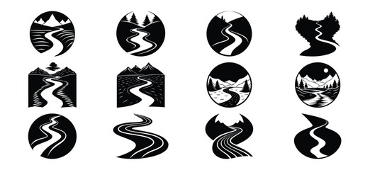 Collection of Black and White Road and River Illustrations Through Mountains and Forests in Various Shapes
