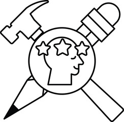 A hammer, a pencil, and a star are all drawn on a white background