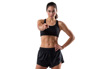 Fit woman in athletic wear pointing, inspiring motivation and health