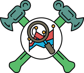 A logo for a company that uses a hammer and a magnifying glass