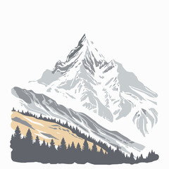 Stylized snow capped mountain range with pine forest