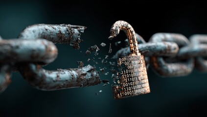 Rusty chain with a broken lock displaying binary code