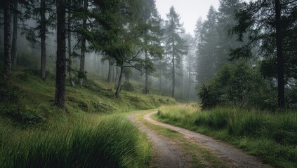 Fototapeta premium Misty forest path winding through tall pines