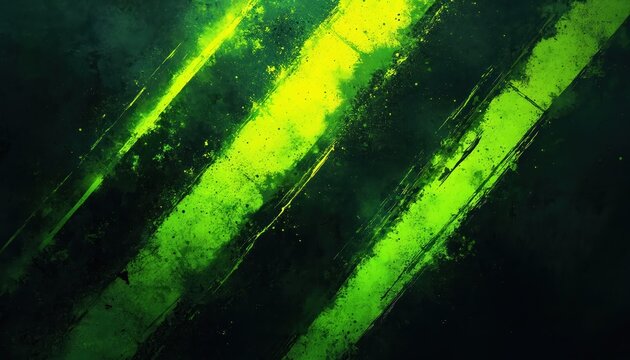 Abstract illustration features dynamic diagonal lines in vibrant green with grunge texture. Bold black background adds contrast to the energetic splashes and streaks, suggesting motion and power.