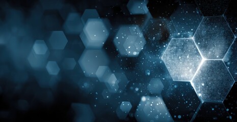Blue illuminated abstract background with hexagons, glowing effects, and digital elements