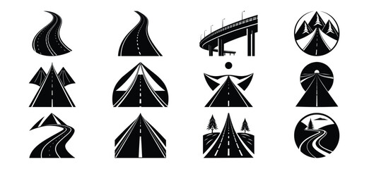 Road and Highway Vector Icon Set Black and White Graphic Collection of Roads