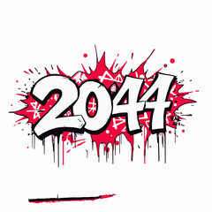 Graffiti style 2044 text with red paint splatters year