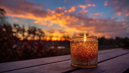 A candle glows at sunset