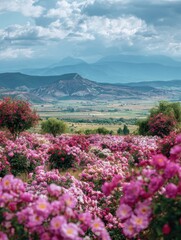 Obraz premium bulgarian rose valley panorama blooming rosa damascena fields in kazanlak for rose festival photography cultural tourism and traditional bulgarian heritage documentation