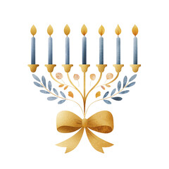 Elegant Hanukkah Menorah with Eight Lit Candles Decorated with Bow and Branches on Black Background