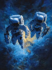 Fototapeta premium astronauts shimmering with nebulous radiance exploration through celestial realms