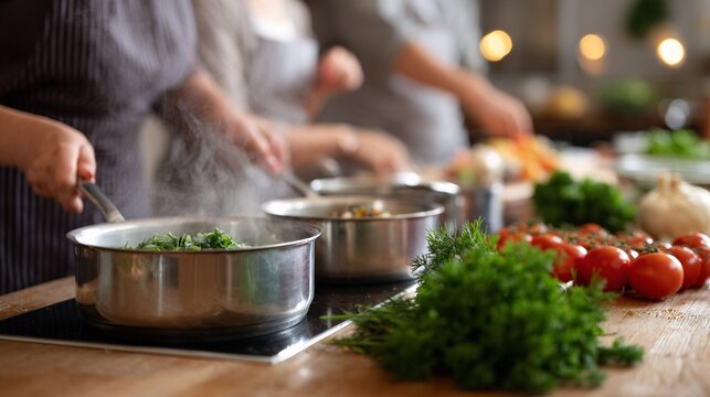 Cooking Class Fresh Ingredients, Culinary Skills & Joyful Group Activities in a Modern Kitchen