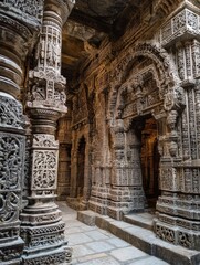 Obraz premium ancient indian temple features detailed stone carvings on walls intricate basrelief sculptures showcase hindu religious art architecture brown sandstone masonry displays historical ornaments