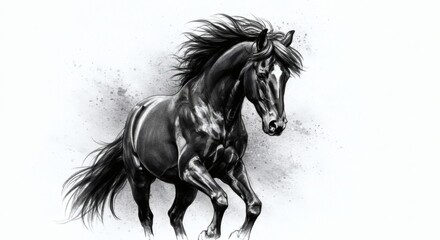 Fototapeta premium Dynamic Horse Drawing A Majestic Black Stallion in Motion, Captured in Artistic Detail
