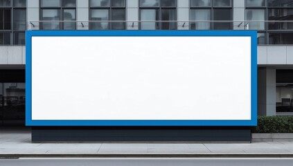 Blank white advertising banner mounted on the fence against office building.