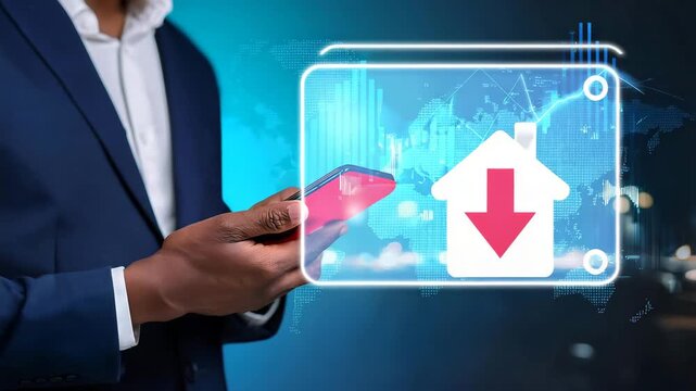 Real estate market analysis on a smartphone showing a house with a falling trend arrow