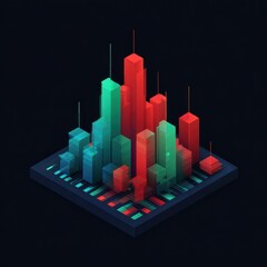 Isometric city with vibrant, pixelated buildings on a dark background