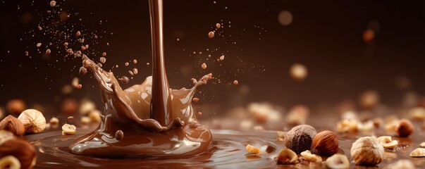 Fototapeta premium Melted chocolate pouring with hazelnut pieces