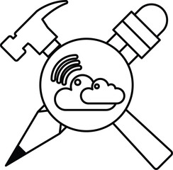 A hammer, a pencil, and a wrench are all shown in a circle