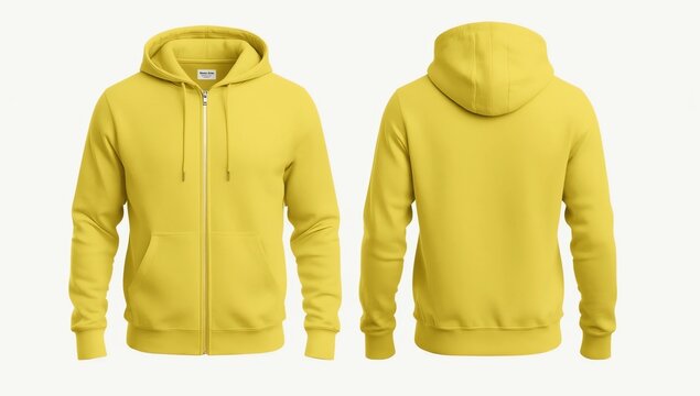Blank template mens yellow sweatshirt long sleeve, front and back view, isolated white background. Design pullover mockup for print