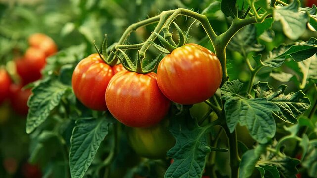 Close-up of tomato vines growing robustly inside a greenhouse.