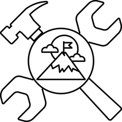 A black and white drawing of a hammer, wrench