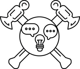 A skull with a hammer and an axe on it