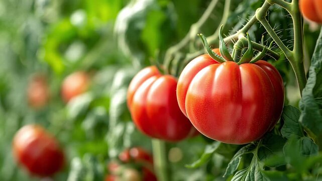 Close-up of tomato vines growing robustly inside a greenhouse.