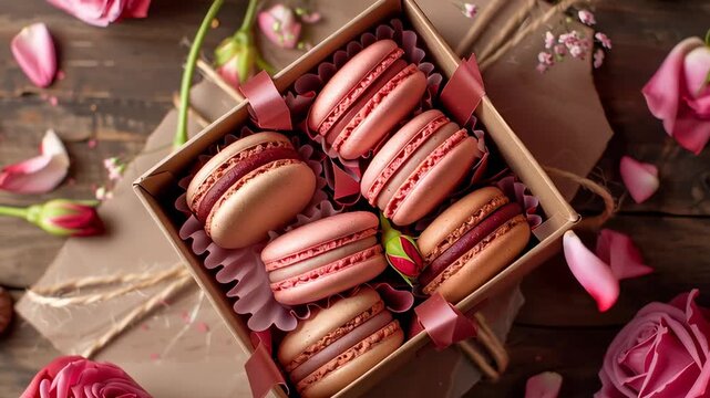 Box of Colorful Macarons. A box of assorted macarons on a rustic table with flower petals. Ideal for celebrations like Valentine's Day or Mother's Day.