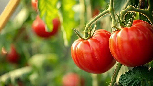 Close-up of tomato vines growing robustly inside a greenhouse.