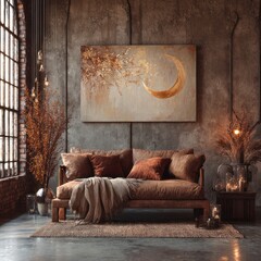 Golden crescent moon art in warm living room