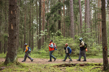 Obraz premium Family group including middle aged man, middle aged woman, two children walking together through forest trail carrying backpacks, exploring nature during outdoor hike