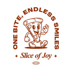 Funny pizza slice cartoon mascot with smiling face, retro vector illustration for food and restaurant design
