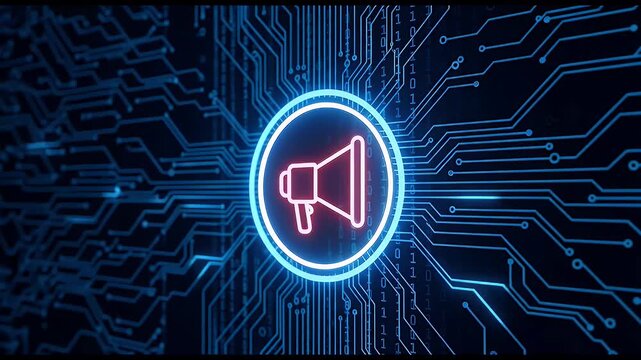 Digital Marketing Announcement Neon Megaphone on Circuit Board