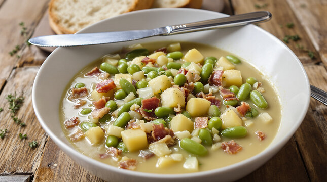 "A green bean soup enriched with potatoes, onions, and bacon." 