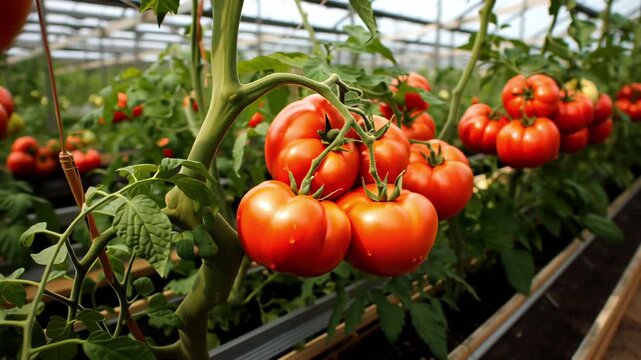 Tomato plants thriving on their branches in the foreground of a greenhouse scene.