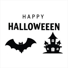 Happy halloween text with silhouette bat and haunted house spooky holiday celebration