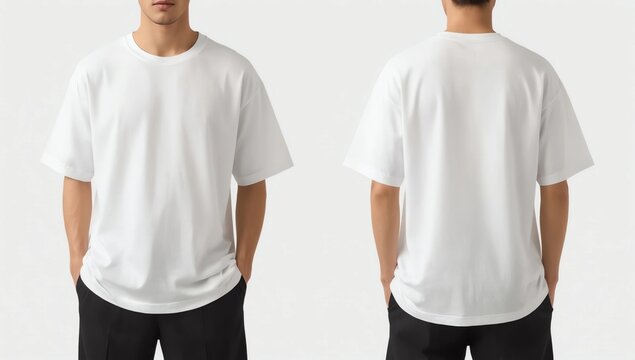 Young man in blank oversize t-shirt mockup front and back used as design template, isolated on white background with clipping path