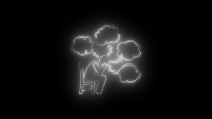 White neon outline of a person sitting on a chair with thought bubbles abstract