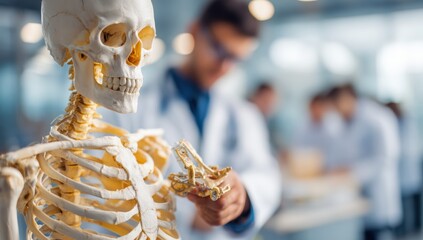 Anatomical model of a skeleton in a lab setting