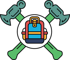 A backpack is shown with a hammer and an ax