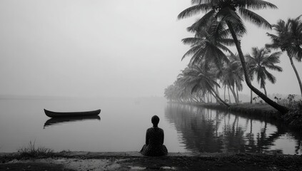A lone figure sits by still waters, looking at a boat, with palm trees and a hazy sky