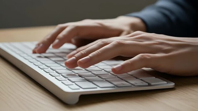 White keyboard being typed on against light wood surface. Suitable for technology, office, work, typing, online, computer concepts.