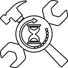 A black and white drawing of a hammer, wrench, and a clock