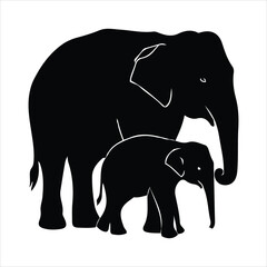 Silhouette of a large adult elephant standing with a smaller baby elephant side by side