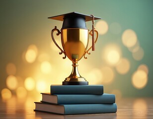 Golden trophy and graduation cap sit atop stack of academic books. Symbolizes academic achievement, graduation success, awarded excellence, and future opportunities in education.