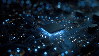 Close-up of a circuit board with a central chip