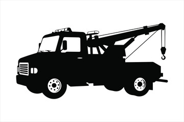 Silhouette of a black tow truck with a raised boom and hook ready for service